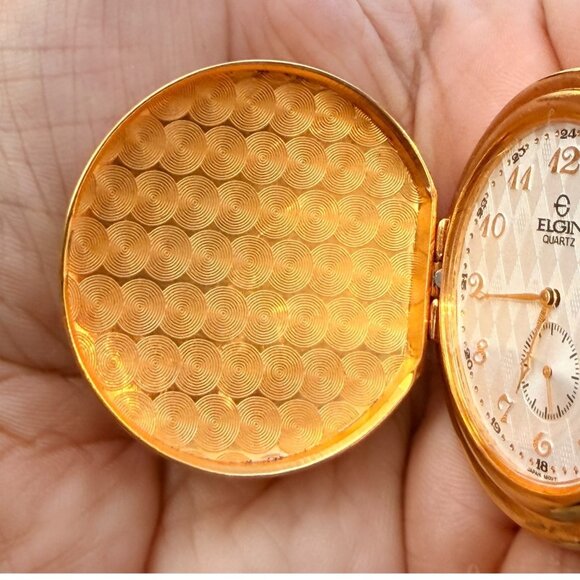 Vintage Elgin Gold-Tone Quartz Pocket Watch With Chain & Monogrammed Cover - Picture 7 of 9